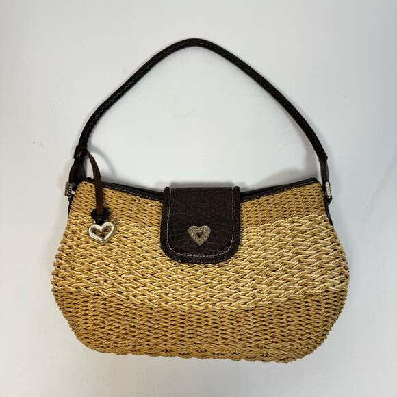 Brighton Handbags - Brighton Woven Tan Straw Dark Brown Croc Embossed Leather Small Bag Tote Satchel